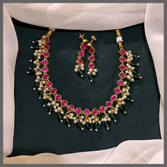 Beautiful Pink with Cream and Green  Pearl Necklace in Kundan - Kn00500