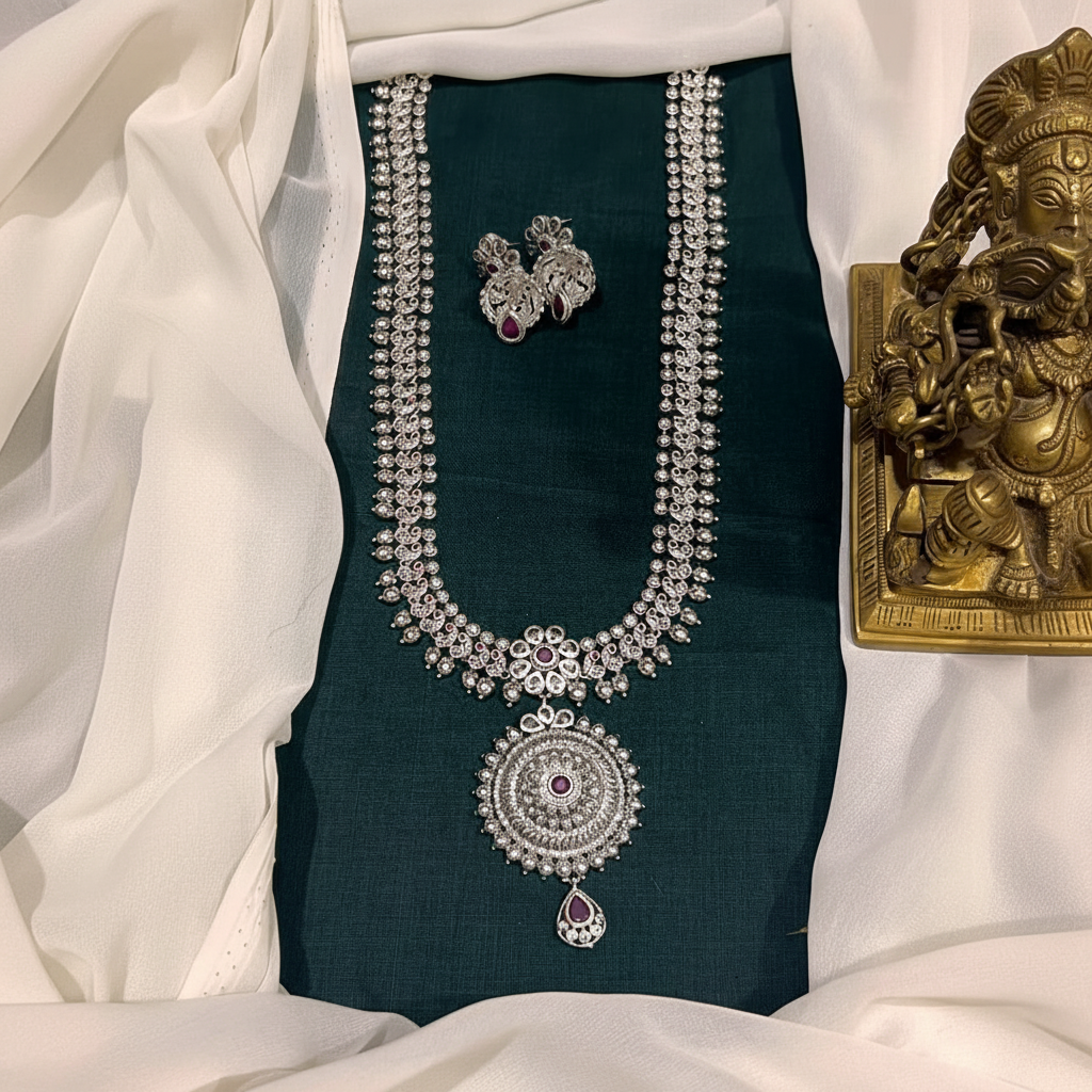 Long Nakshi Haram With Silver Polish And Jhumki - NH00415