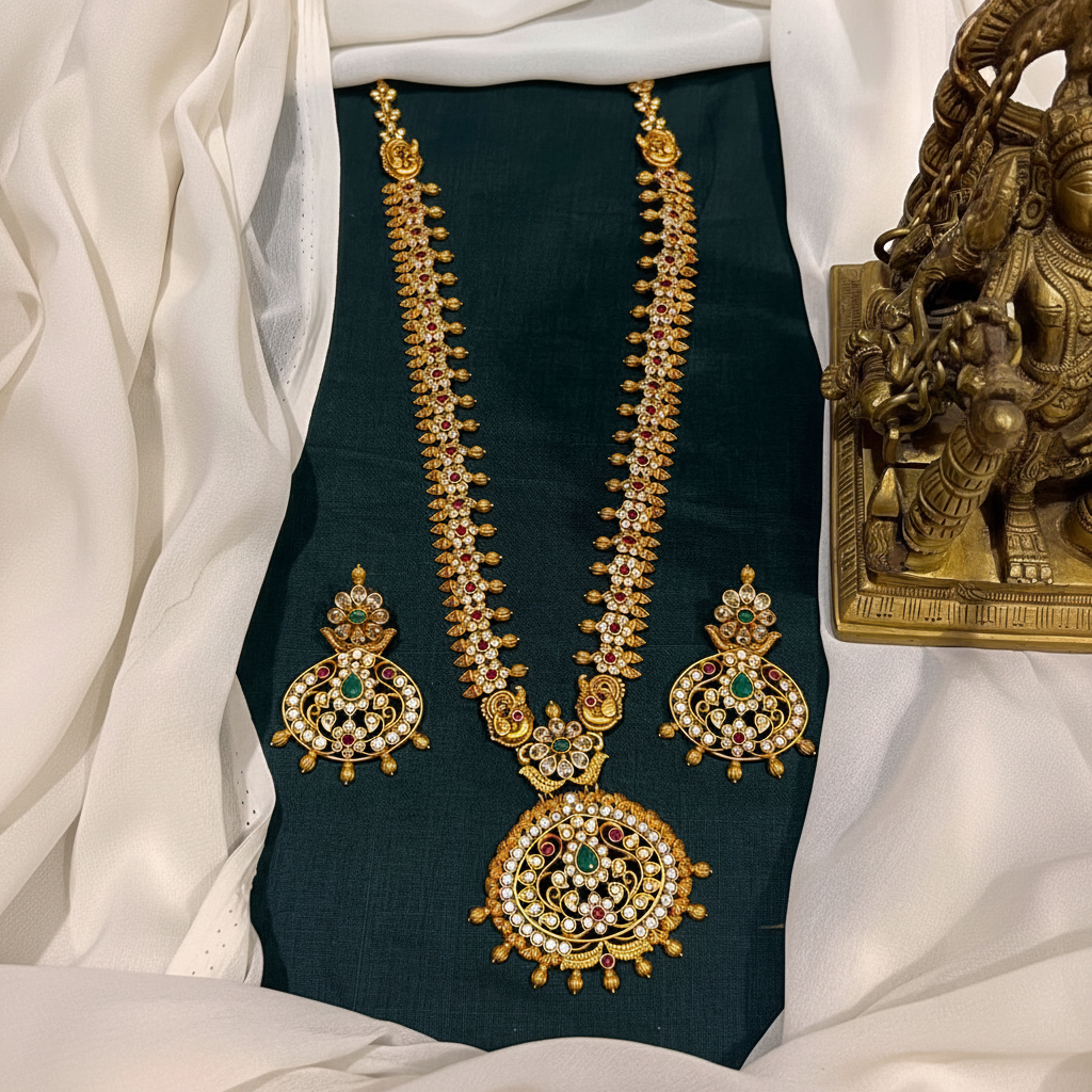 Elegant Antique Finish nakshi Long Haram With CZ Stones - NH00416