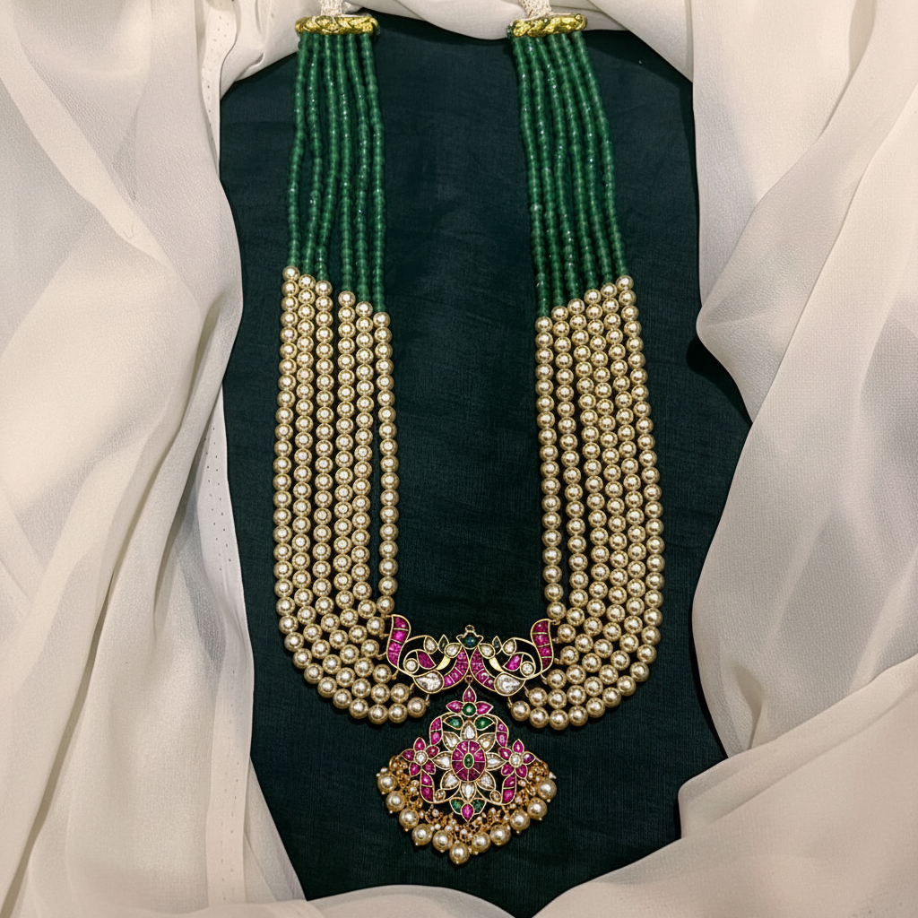Emerald and White Beads Long Haram With Jadau Pendant - PB00570