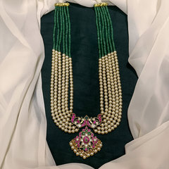 Emerald and White Beads Long Haram With Jadau Pendant - PB00570