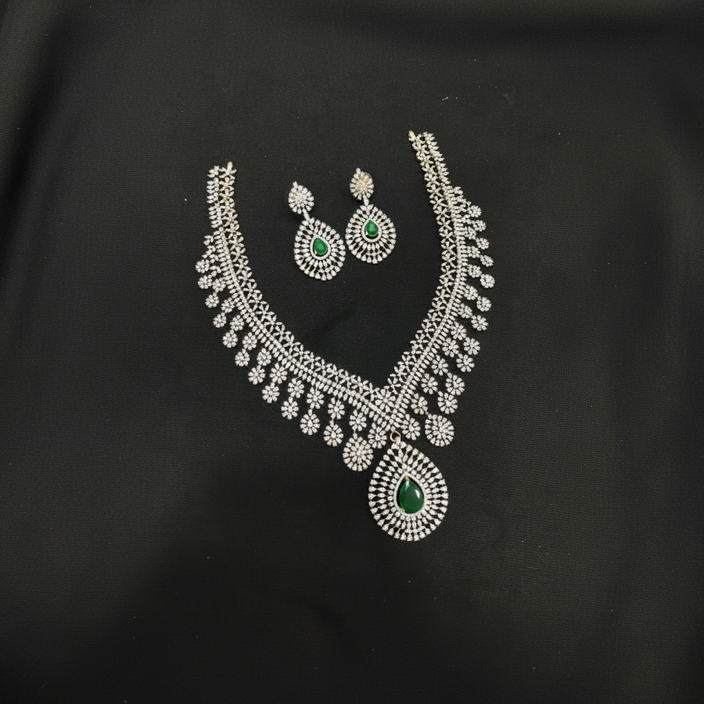 Emerald Stone Daimond Long Haram With Earrings - DH005