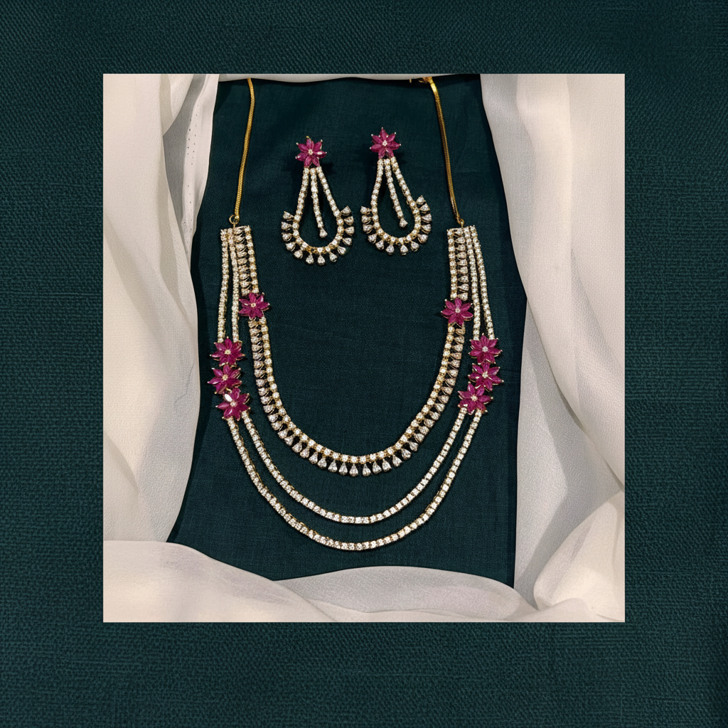 White And Red CZ Layer Haram With Earrings - NH00422