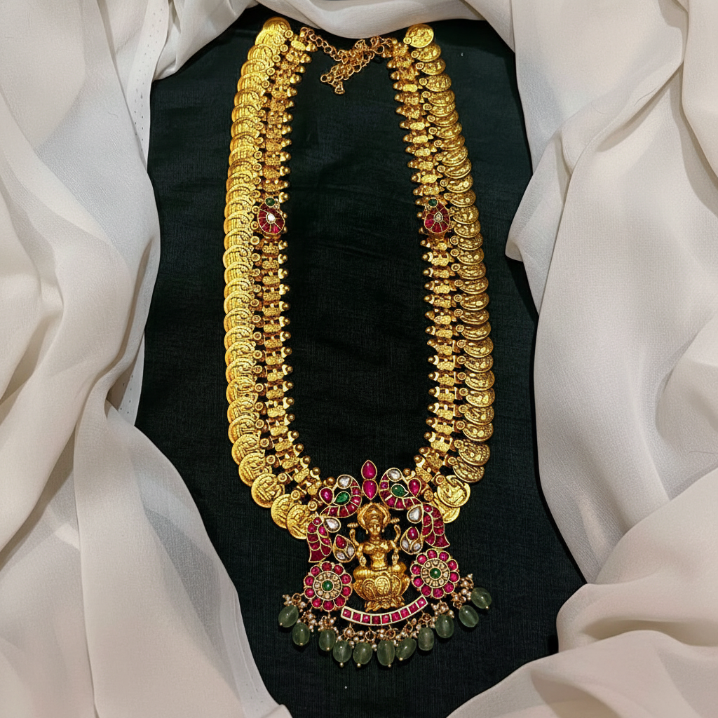 Lakshmi Kaasu Long Haram With Jadau Pendant and Side Pendants - KH00379