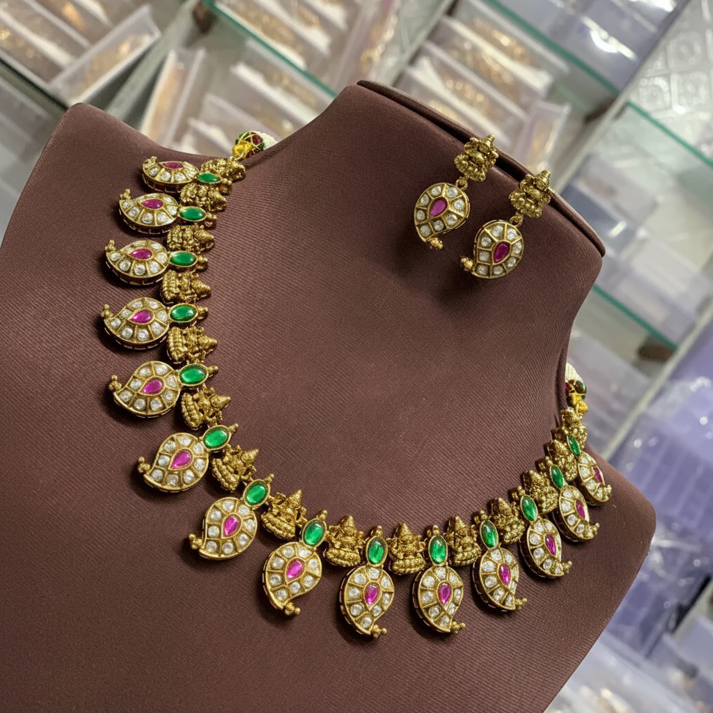 Jadau Replica Stone Short Mango Necklace - KN00662