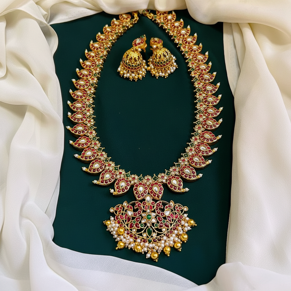 Ruby Mango and Flower pendent in Nakshi Necklace - NH00135