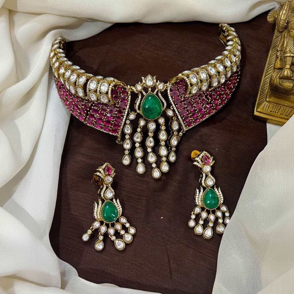 Victorian CZ Stone Choker Set With Earirngs - VN00196