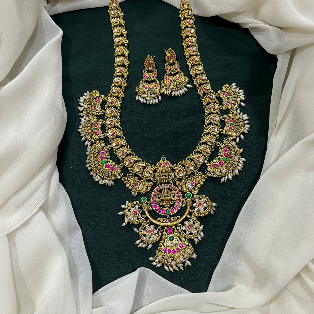 Jadau Broad Pattern Rice Pearl Gold Replica haram With Earrings - KH00390