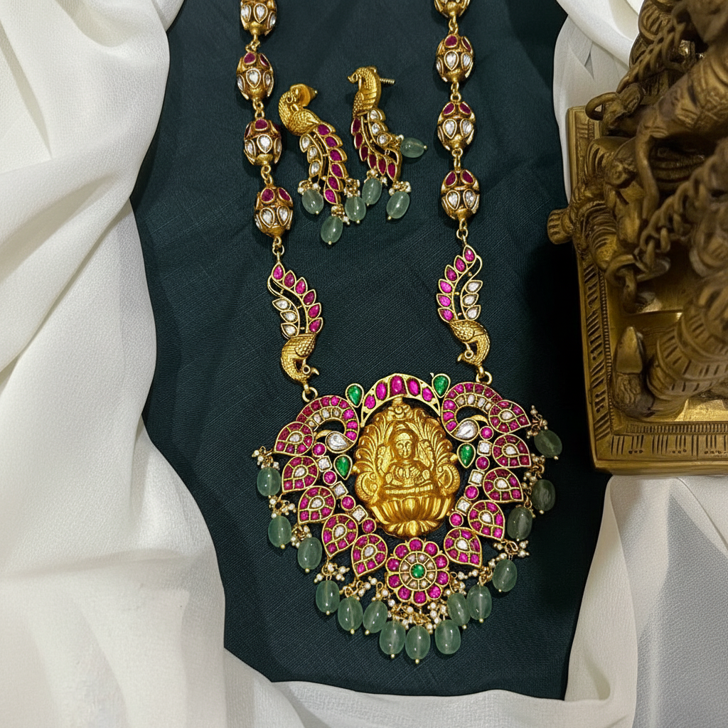 Jadau Lakshmi Pendant With Peacocok And Flower Chain - KH00361