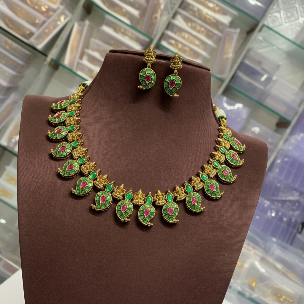 Jadau Replica Stone Short Mango Necklace - KN00662