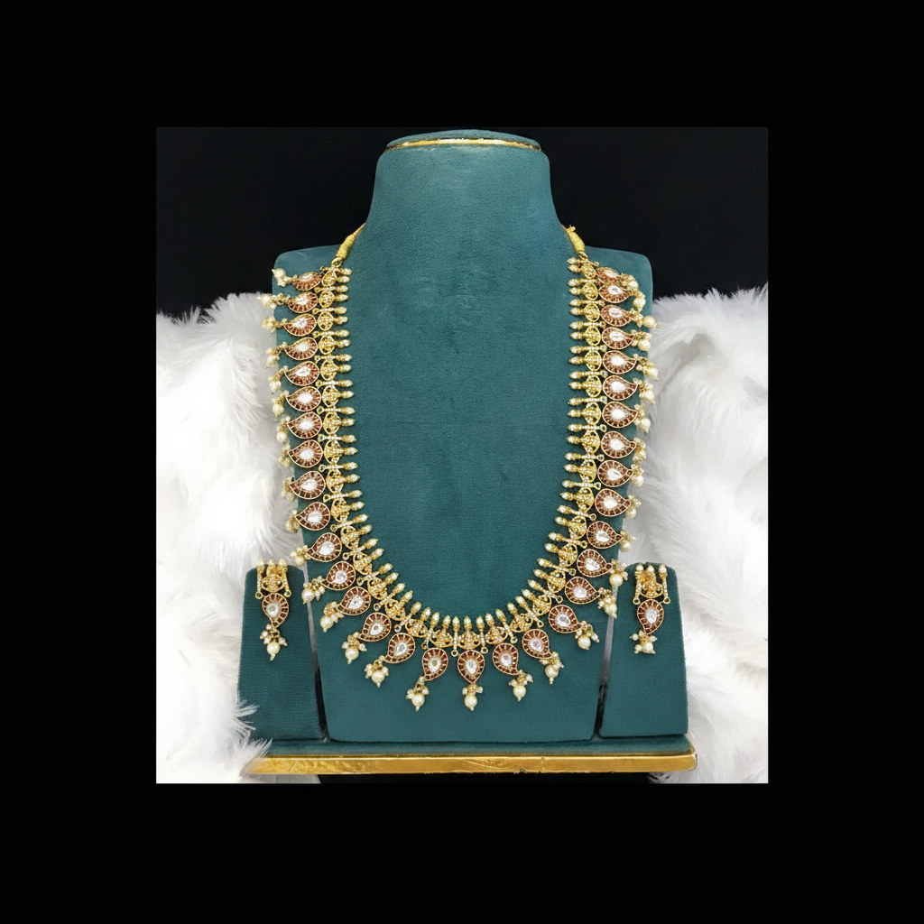 Kempu Long Mango Haram With Pearls - NH00408
