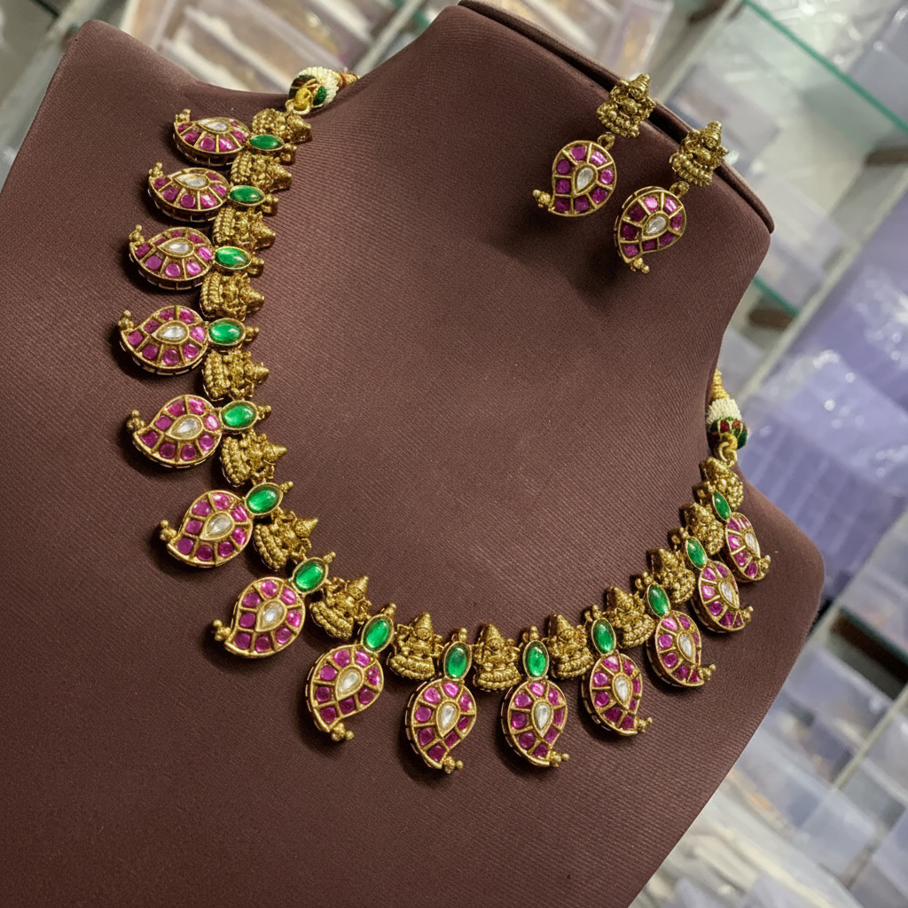Jadau Replica Stone Short Mango Necklace - KN00662