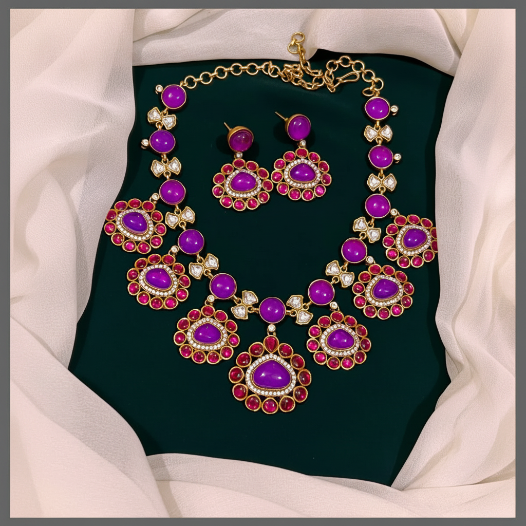 Beautiful Purple Stone Flower In Kundan Neckalce - KN00411