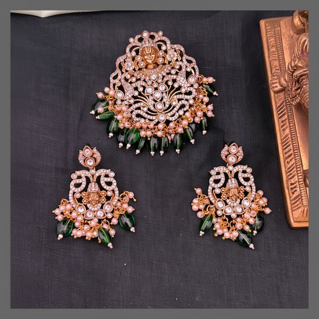 Beautiful Stone Lord Balaji Pendant With Earrings - NP0095