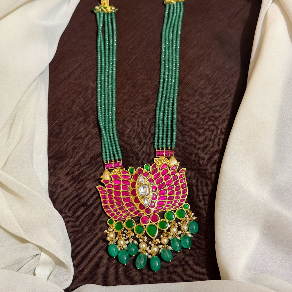Beautiful Jadau Lotus Pendant With Emerald Crystals - PB00590