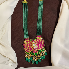 Beautiful Jadau Lotus Pendant With Emerald Crystals - PB00590