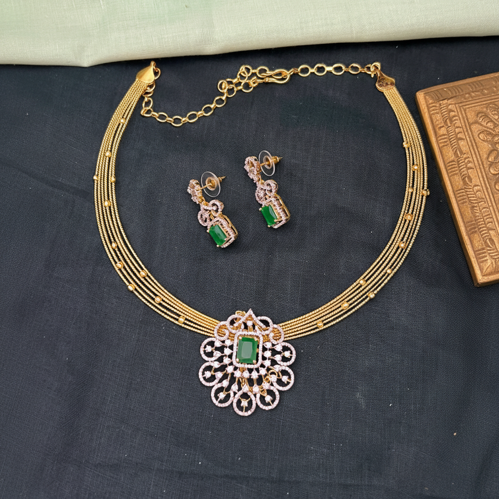 Invisible Multi Layer Choker With Diamond Pendant - Dn0068