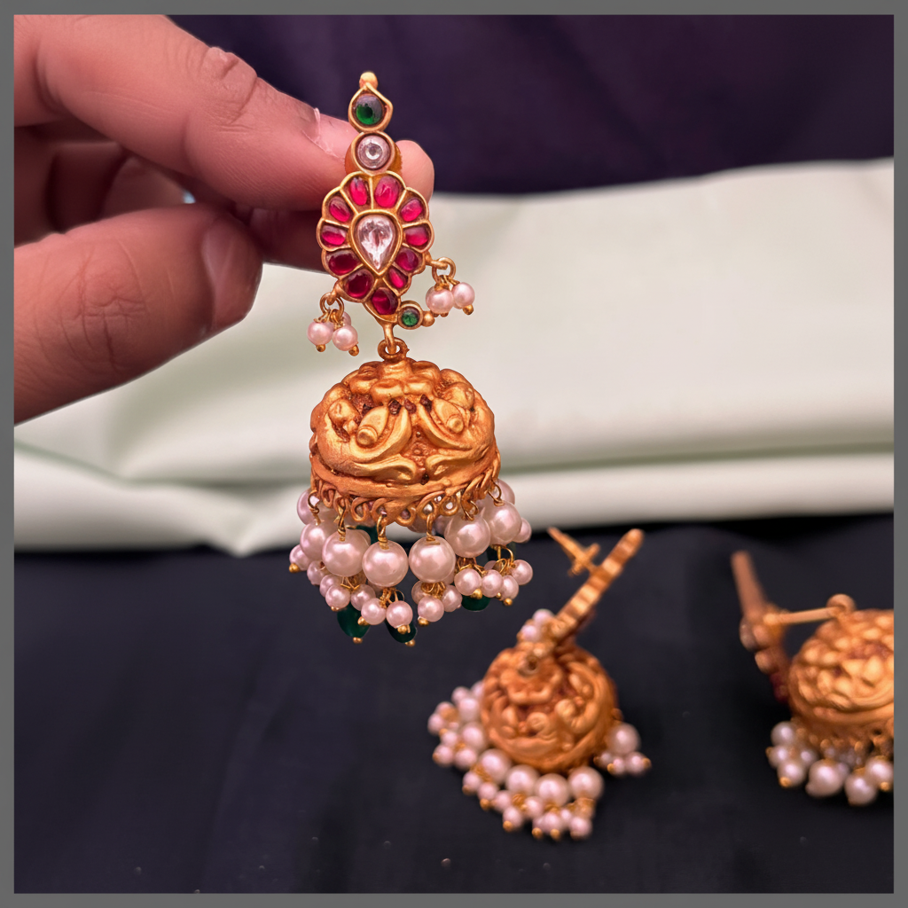 Beautiful Mango Jhumki In Kundan - KE00563