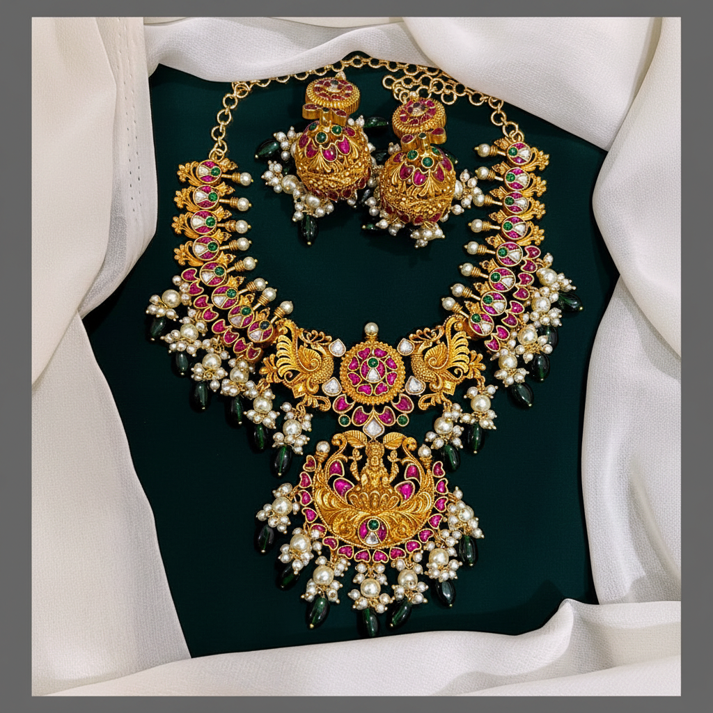 Beautiful Lakshmi pendent with peacock in Kundan Necklace - KN00286
