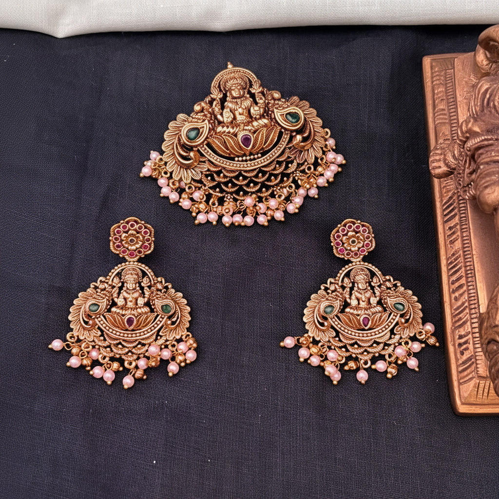 Beautiful Lakshmi Pendant With Earings - NP0099