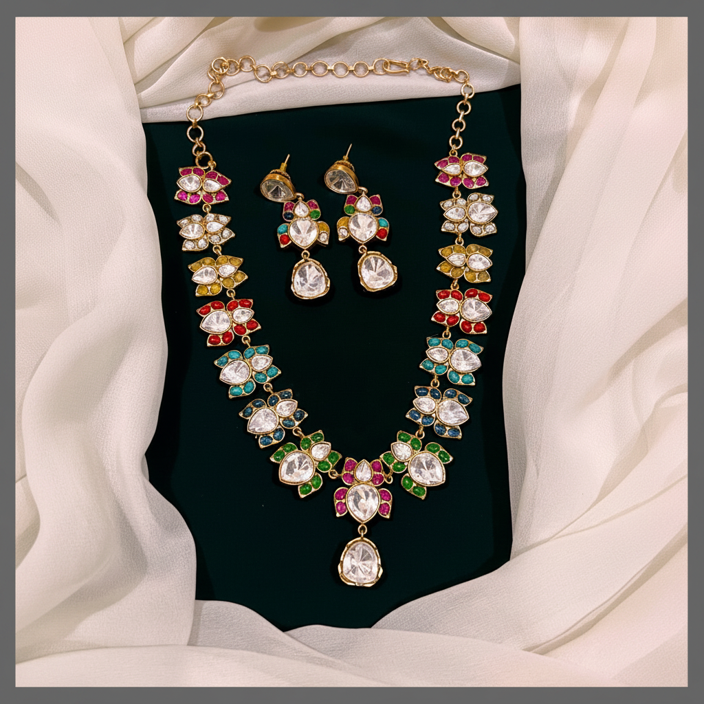 Beautiful Multi Colour Lotus Necklace In Kundan - KN00413