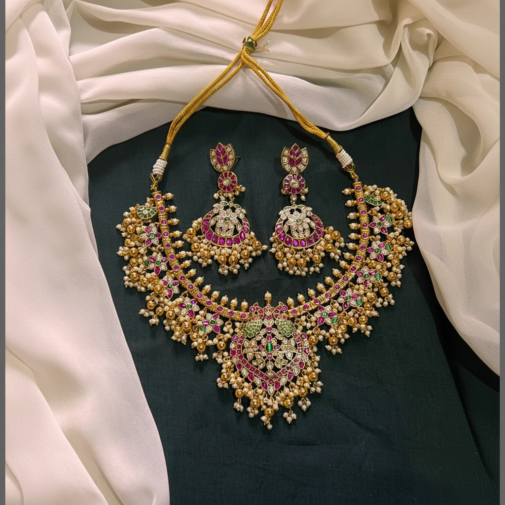 Beautiful Multi Flower with Peacock pendant Neckalce in Kundan -KN00522
