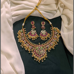 Beautiful Multi Flower with Peacock pendant Neckalce in Kundan -KN00522