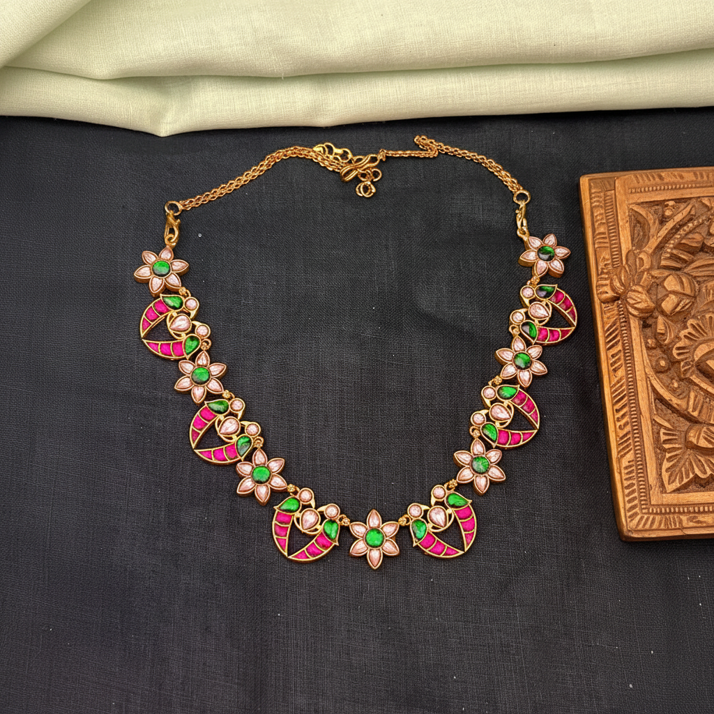 Beautiful Multicolour Flower and Bird Necklace In Kundan - KN00566