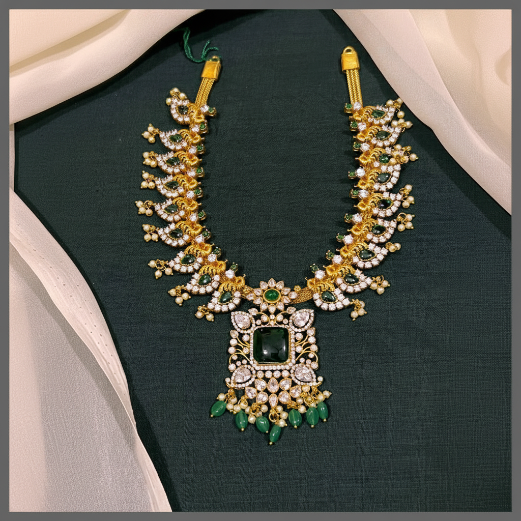 Beautiful Peacock with White and Emerald  Stone Necklace in Kundan - KN00528
