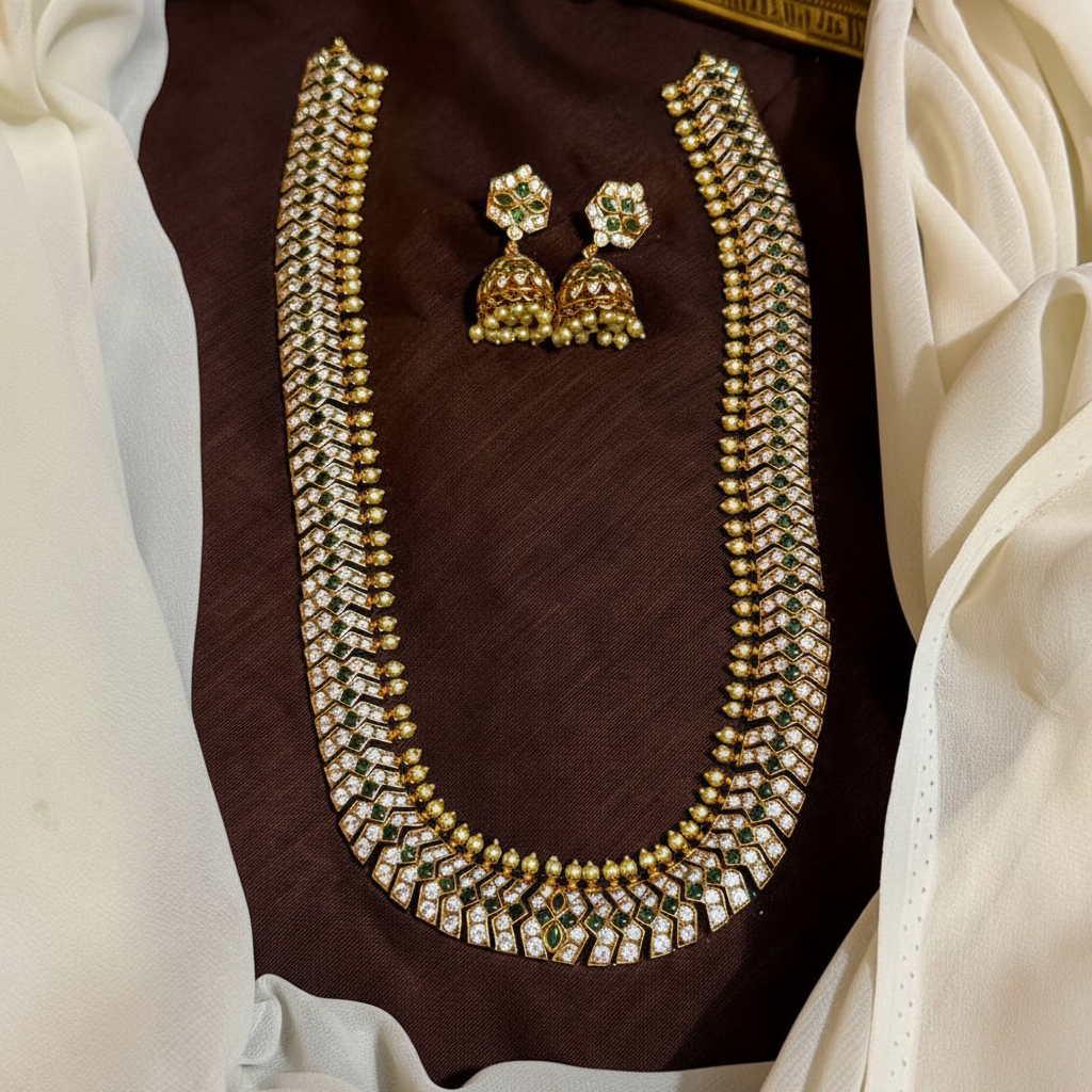Vintage Style White And Green CZ Haram With Jhumki - NH00448