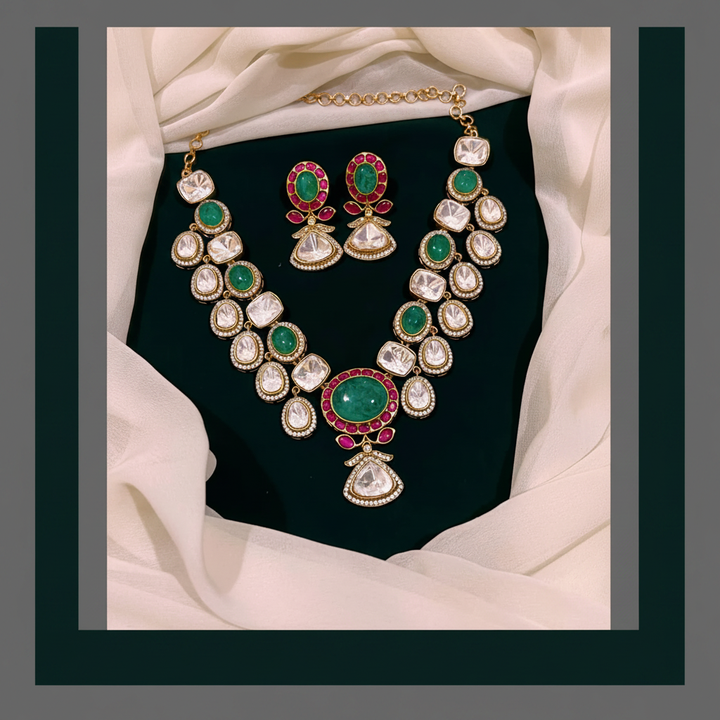 Beautiful Antique White mozinite Stone Necklace  In Kundan - KN00412