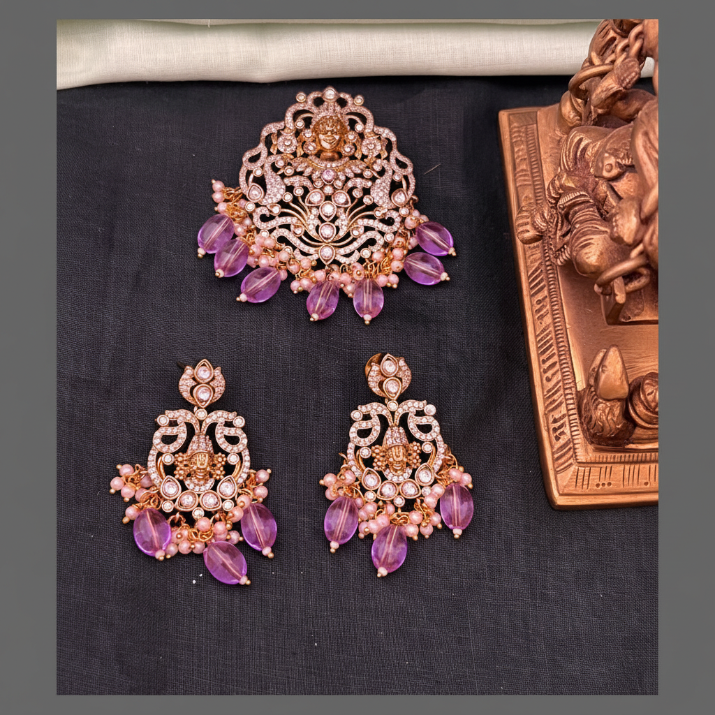 Beautiful Stone Lord Balaji Pendant With Earrings - NP0095