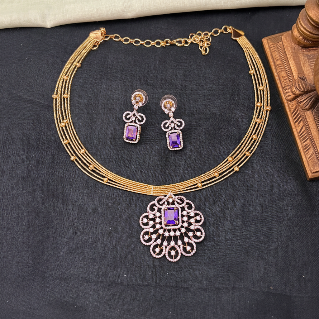 Invisible Multi Layer Choker With Diamond Pendant - Dn0068