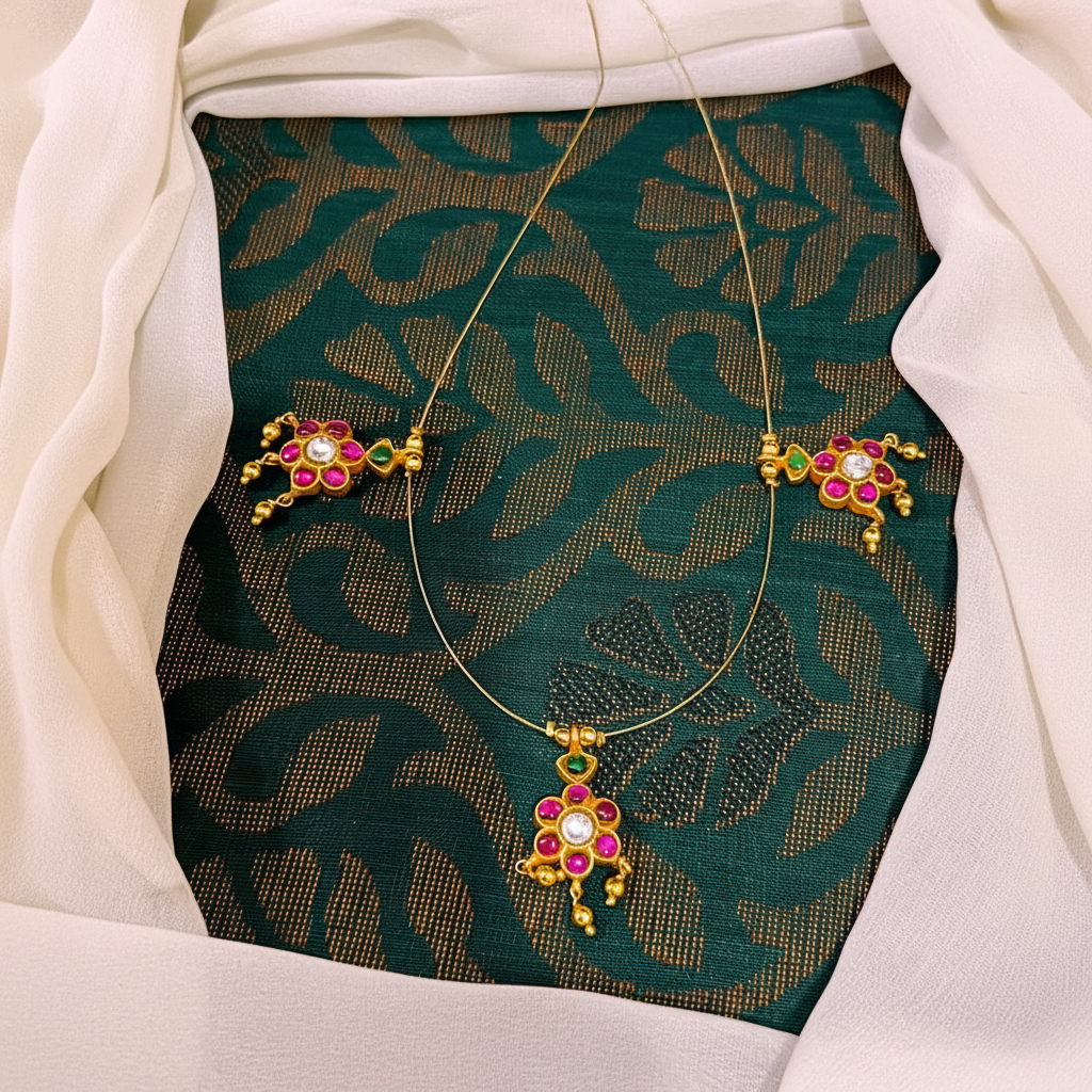 Beautiful Ruby Flower Invisible Chain In Kundan - KN00433