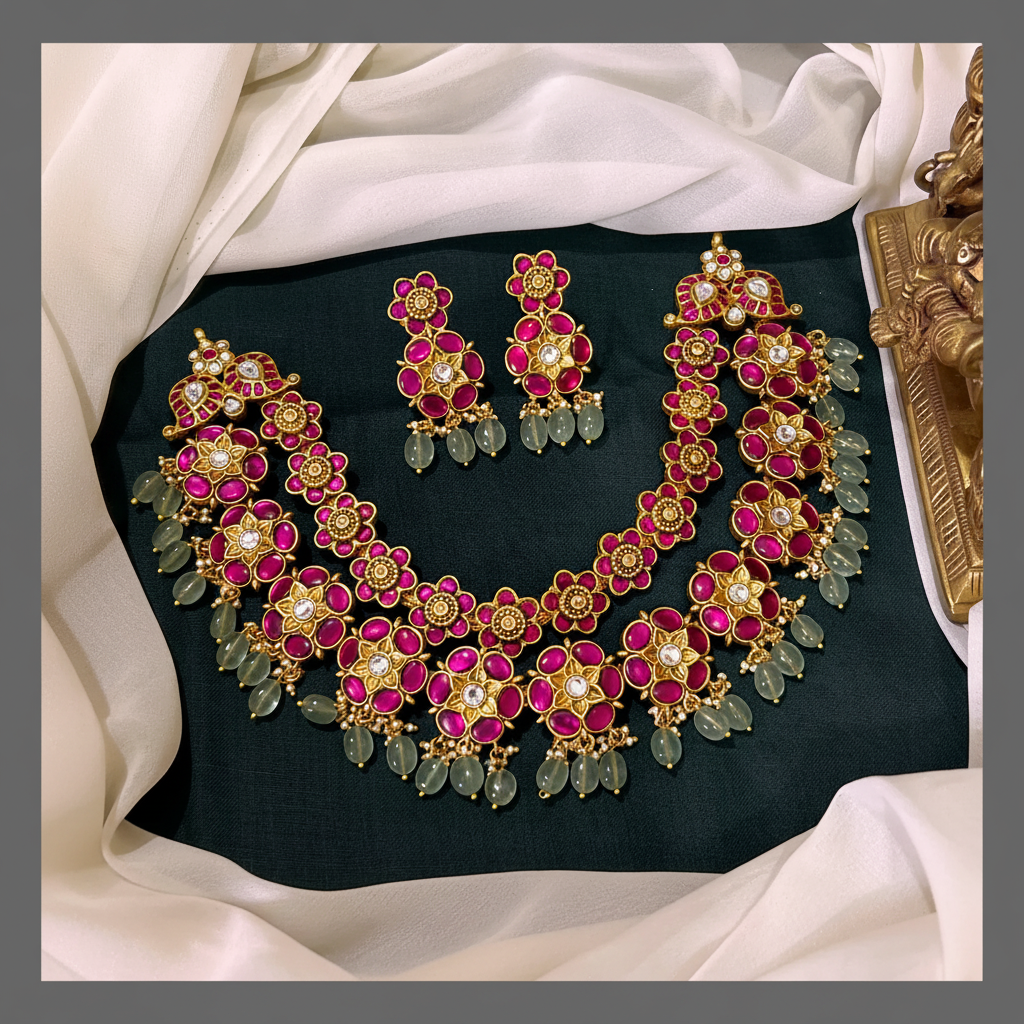 Beautiful Ruby Flower Necklace in Kundan - KN00464
