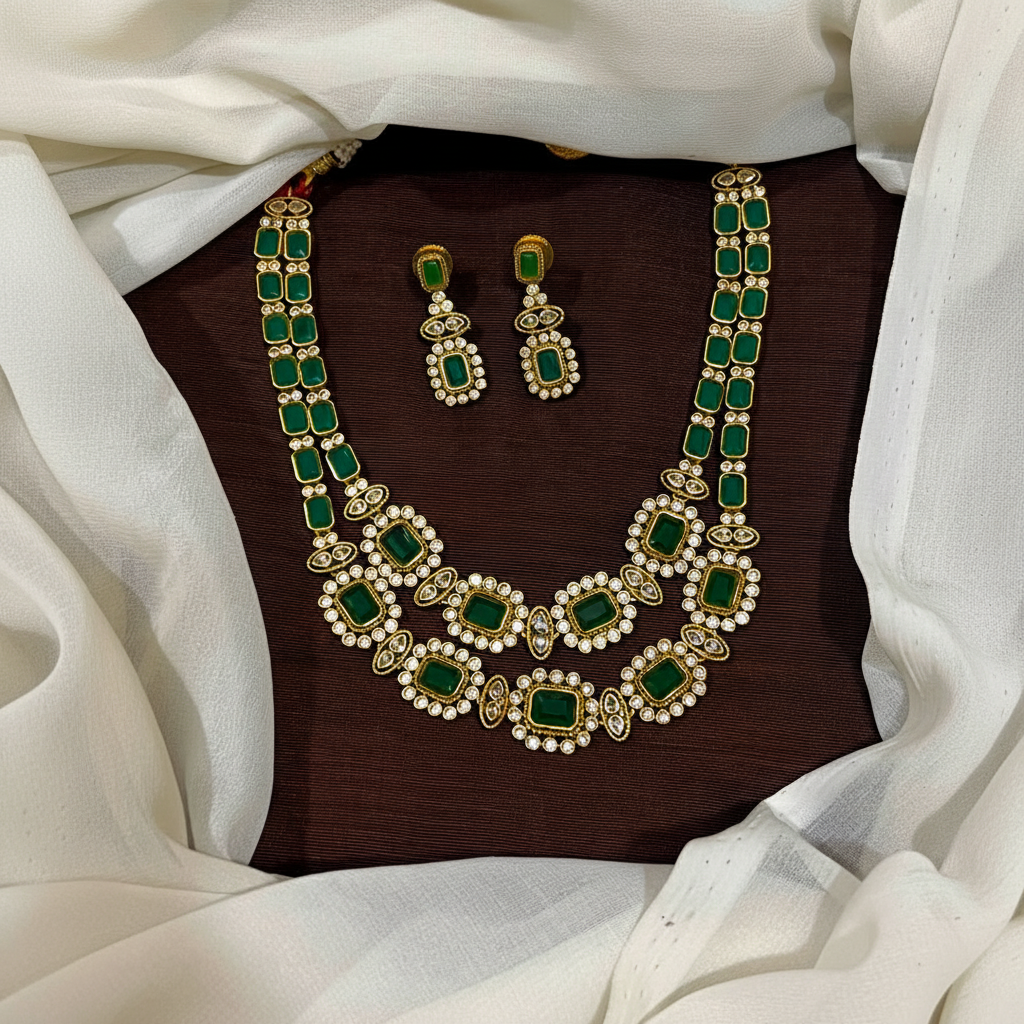 Silver Replica Emerald Stone 2 Layer Set - NN00944