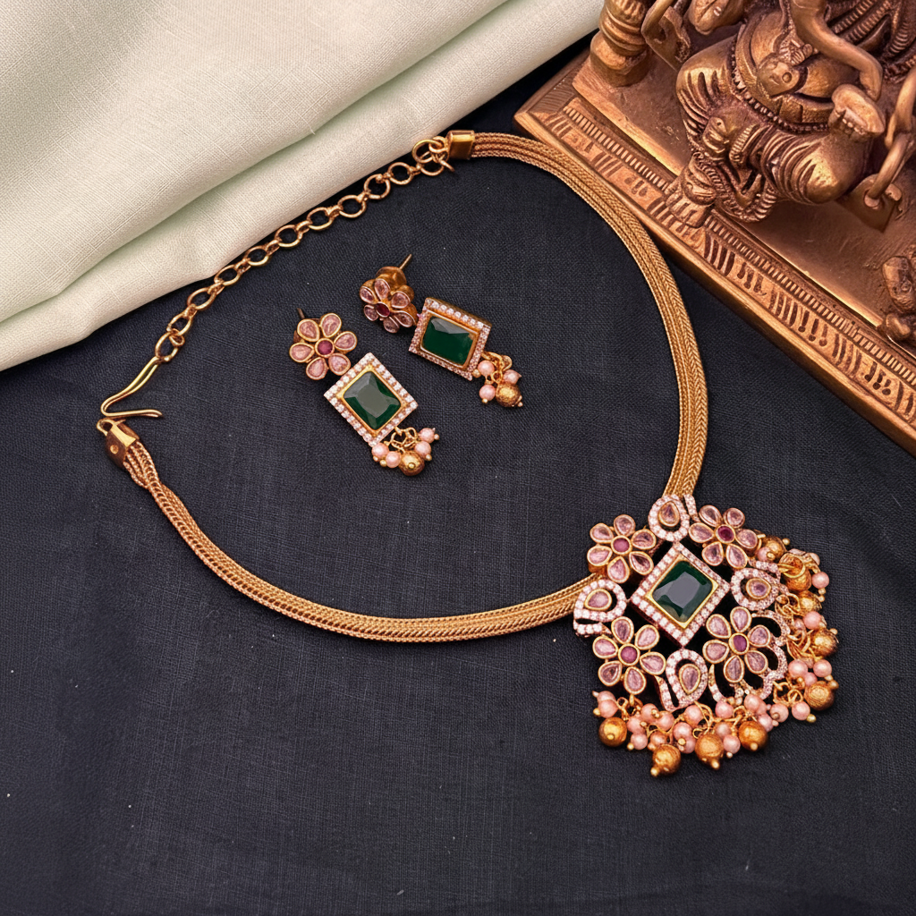 Nanu Chain Necklace With Stone Flower Pendant In Nakshi - NN00821