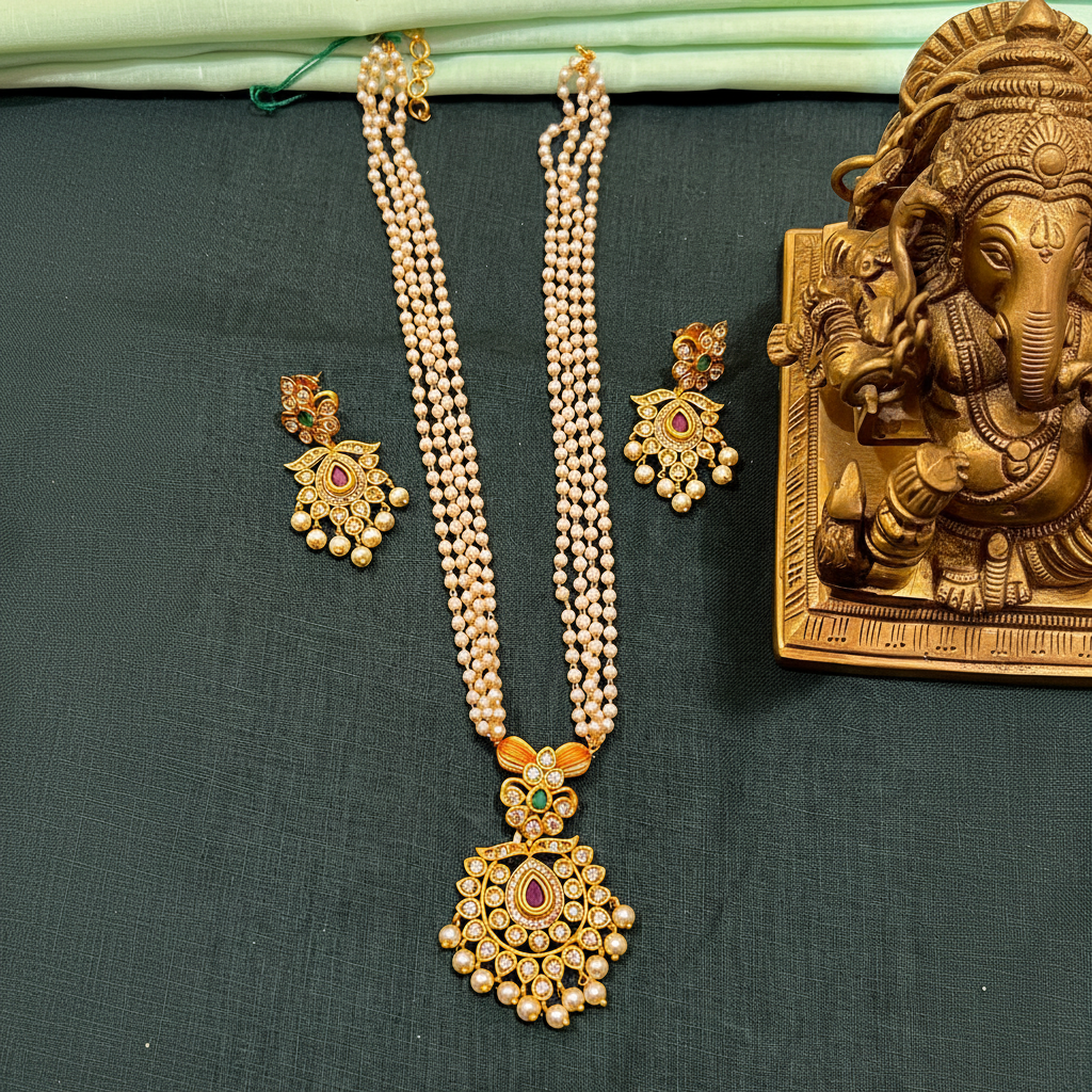 White Pearl Haram With Pendant and Earrings - PB00539