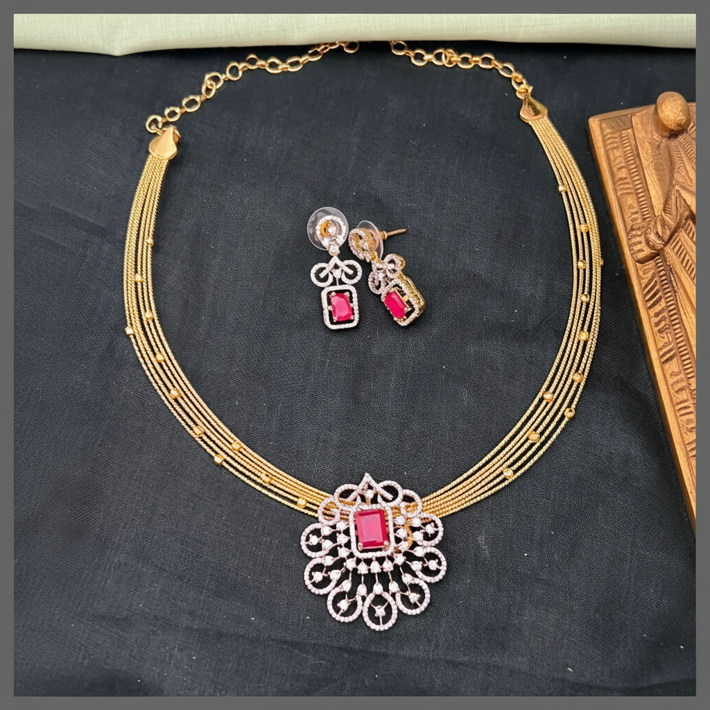 Invisible Multi Layer Choker With Diamond Pendant - Dn0068