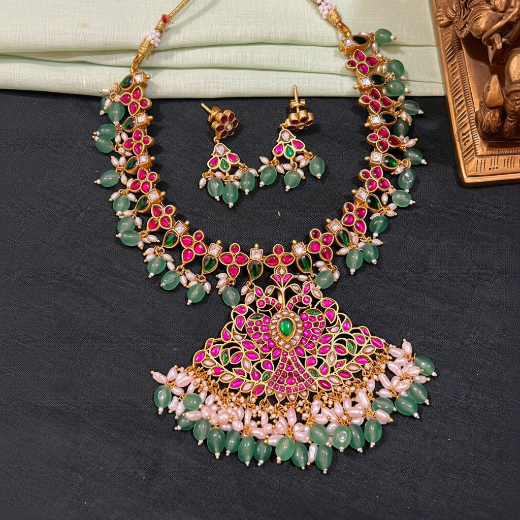 Beautiful Flower Kundan Necklace With Pearls - KN00569