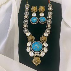 Elegant Victorian Sabyasachi Turquoise Haram with Earrings - VH0013
