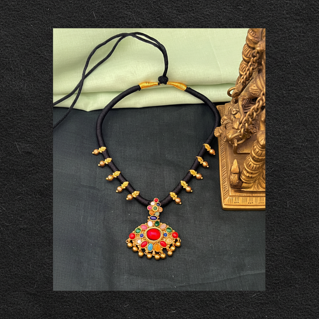 Black Dori Necklace With Navratna Pendant - BD00145