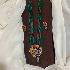 Emerald Monalisa Beads With Navarathna Pendant and Earrings - PB00610