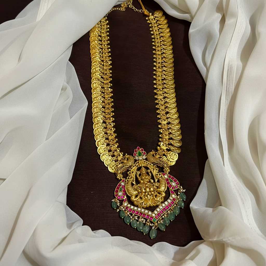 Jadau Long Kaasu Haram With Lakshmi Grand Pendant - KH00435