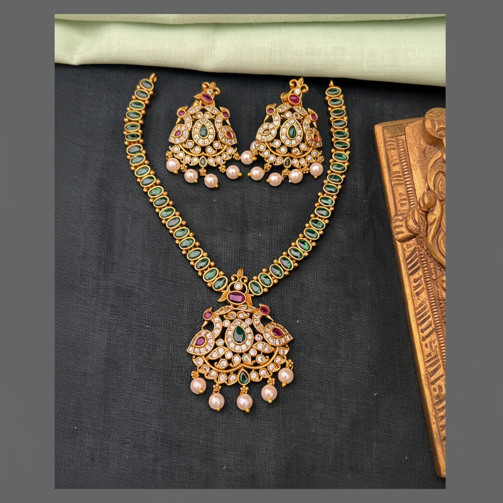 Emerald Stone Necklace With Peacock Pendant - NN00822