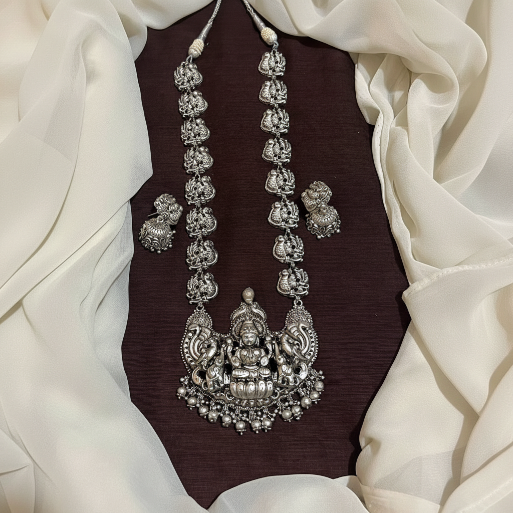 Silver Polish Lakshmi Nakshi Long Haram- NH00185