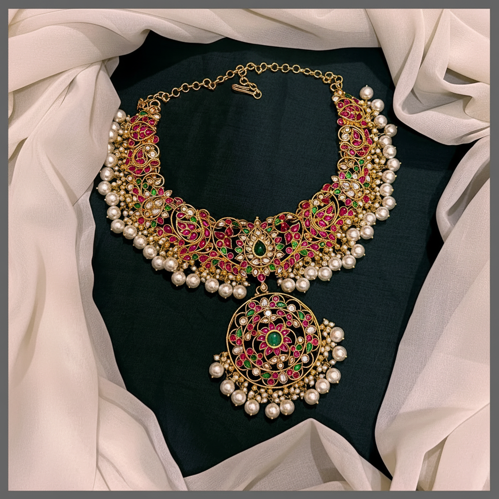 Beautiful Flower Kundan Necklace With Pearls - KN00535