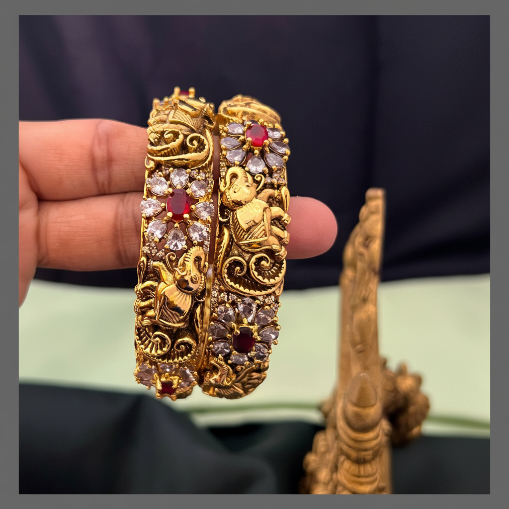 Beautiful Elephant and Stone Flower Bangles - BG00492