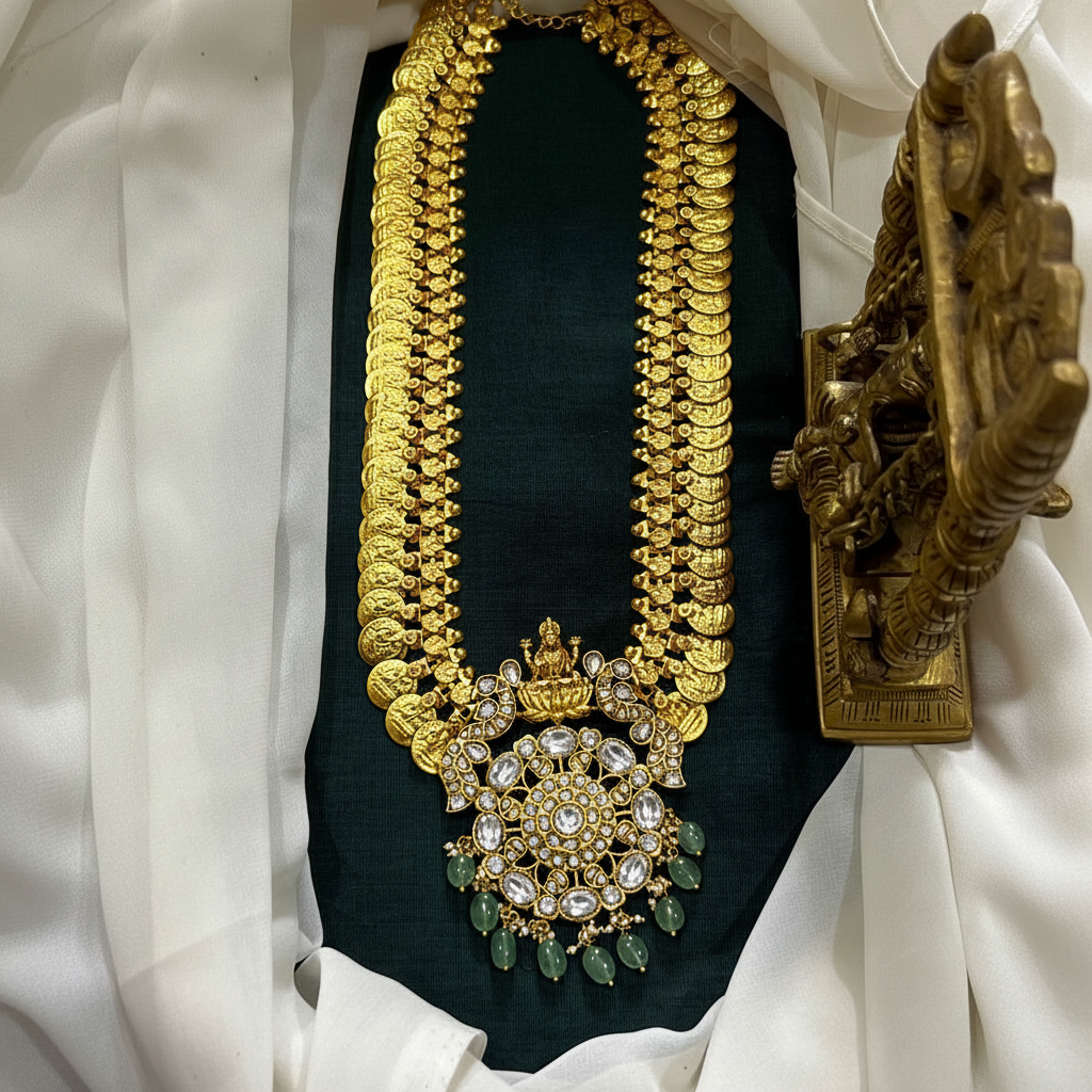 Grand And Elegant Long Kaasu Haram With Jadau Pendant - KH00369