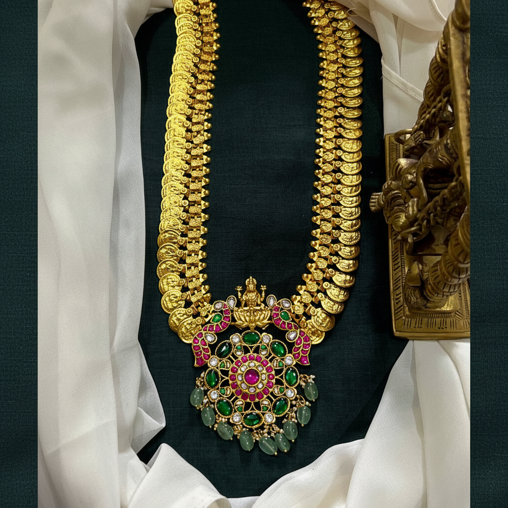 Grand And Elegant Long Kaasu Haram With Jadau Pendant - KH00369